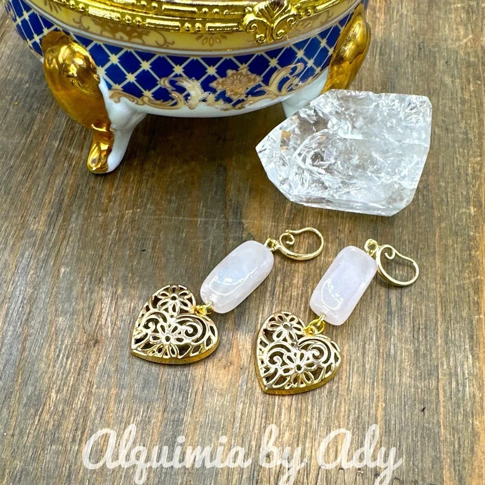 Extra long chunky hearts gold statement Pink Quartz dangle earrings
